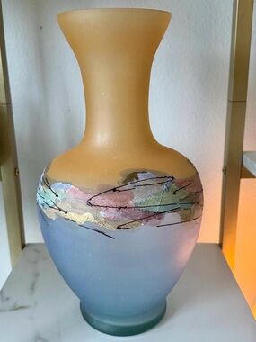 Frosted Art Glass Vase in Amber and Pastel Blue - Abstract